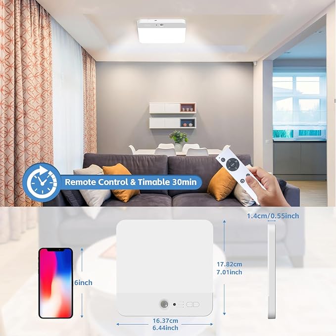 NARUNDREN Rechargeable Motion Sensor LED Ceiling Light with Remote, Wireless Battery Operated Closet Light, 400LM Dimmable 3 Color Temperatures, Motion Activated Light for Stair Hallway Garage Pantry