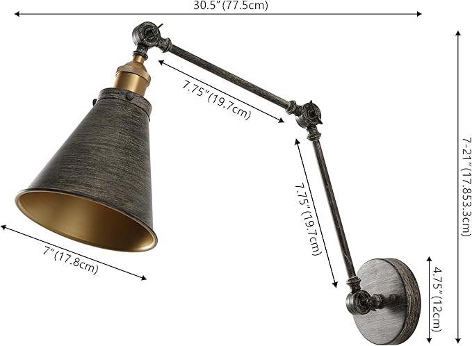 JONATHAN Y 7" Rustic Dark Gray/Brass Gold Classic Industrial Metal Adjustable Arm LED Wall Sconce for Bedside Reading, Farmhouse Swing Arm Wall Lamp with Metal Shade, Hardwired (JYL7462D)