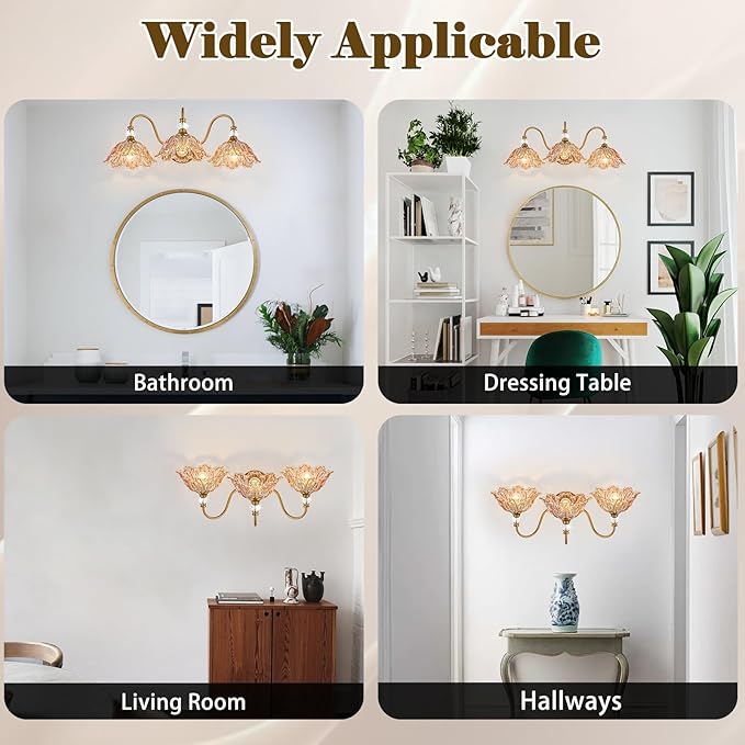 Vintage Bathroom Vanity Light, 3-Light Matte Brass Finish Vanity Light with Flower-Shaped Amber Glass Shades, Retro Wall Sconce for Bathroom, Dressing Table