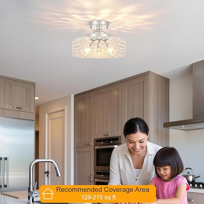 Brushed Nickel Semi Flush Mount Ceiling Light, 3-Light Ceiling Light with Hammered Glass, Vintage Hallway Light Fixtures, Kitchen Flush Ceiling Mount for Entryway Bedroom Bathroom,E12