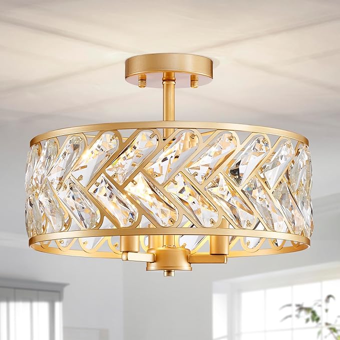 AGV LIGHTING K9 Crystal Ceiling Light, Flushmount Ceiling Light Fixture for Living Room, Close to Ceiling Modern Design, 3-Lights, D15 x H11 in, Clear Crystal & Gold Finish Frame