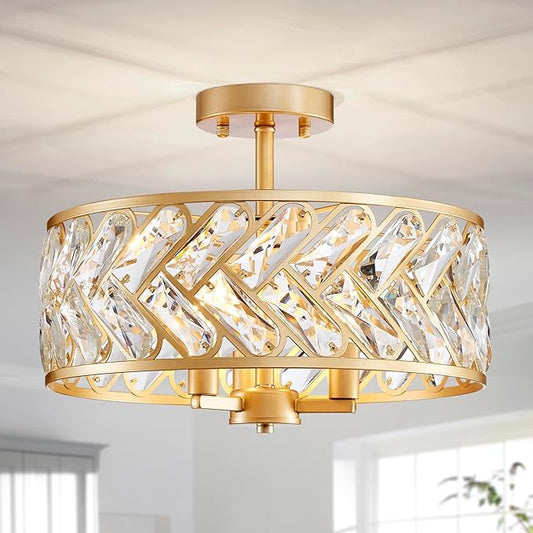 AGV LIGHTING K9 Crystal Ceiling Light, Flushmount Ceiling Light Fixture for Living Room, Close to Ceiling Modern Design, 3-Lights, D15 x H11 in, Clear Crystal & Gold Finish Frame