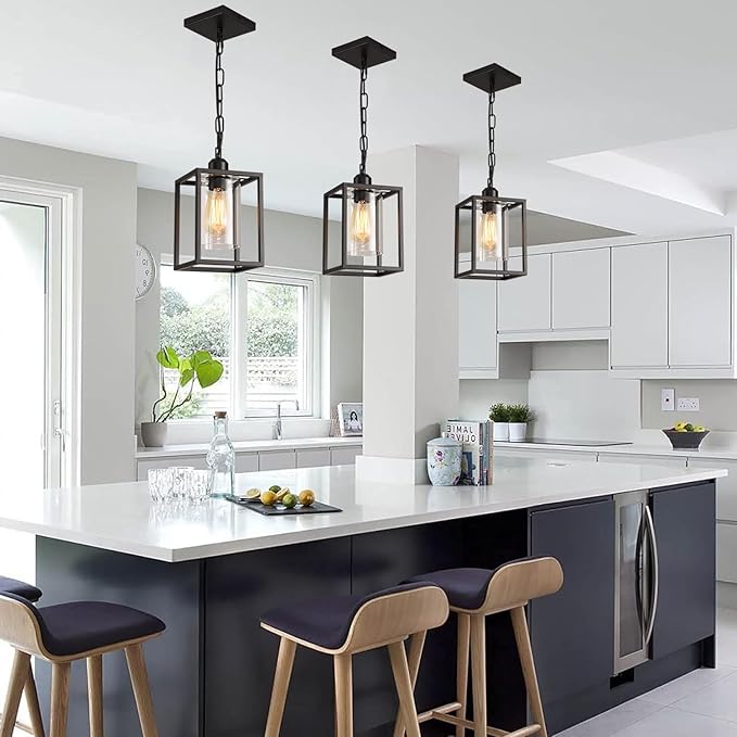 2 Pack Farmhouse Pendant Light,Black Metal Frame Hanging Light Fixture with Clear Glass Shade, Adjustable Chains Industrial Mini Pendant Lighting for Kitchen Island Entryway Porch Foyer