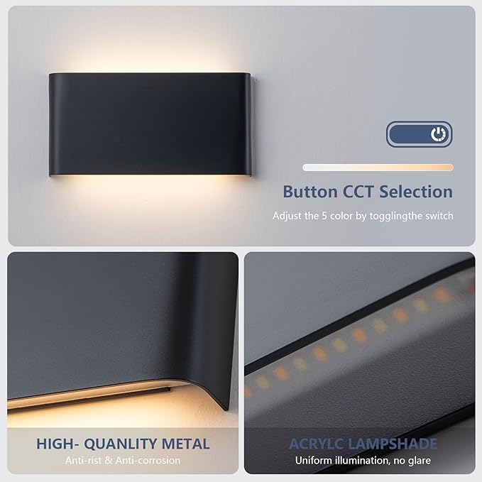 Nigaut Modern LED Wall Sconce Light, 15W 3000k-6500k Adjustable Black Bathroom Vanity Light Fixtures for Hallway Bedroom Stairwell Up and Down Lights Indoor 2-Pack