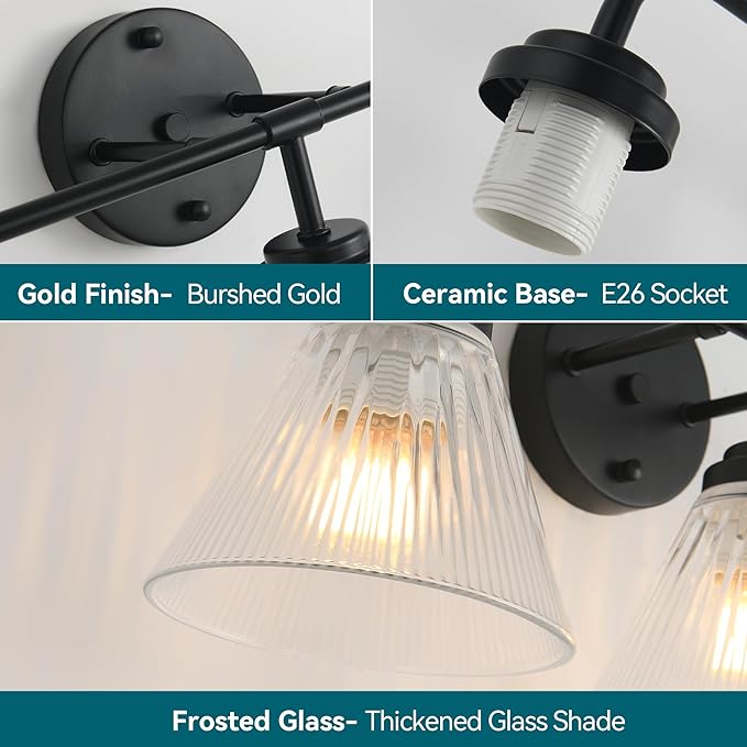 Modern Black Bathroom Vanity Light, 3-Light Wall Sconce with Clear Ribbed Glass Shades, Farmhouse Industrial Light Fixture for Bathroom, Vanity Mirror, Powder Room, Hallway (black, Powder Coated, 3)