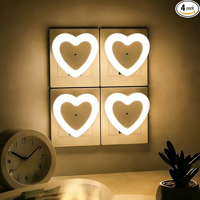 LED Night Lights Plug in(4-Pack), Dusk to Dawn Sensor Auto-On/Off, Heart Shaped Nightlight 0.5W for Bedroom, Bathroom, Kids Room, Hallway, Toilet(Warm White)