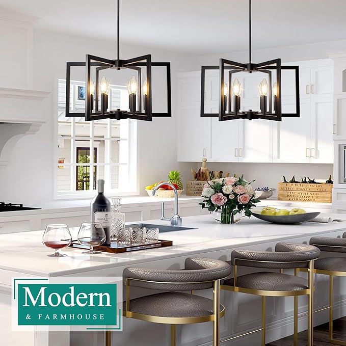 6-Light Black Chandelier, Farmhouse Dining Room Light Fixture, Large Modern Chandelier, Geometric Industrial Metal Hang Lighting Fixture for Foyer Entryway Kitchen Over Table Hallway Living Room