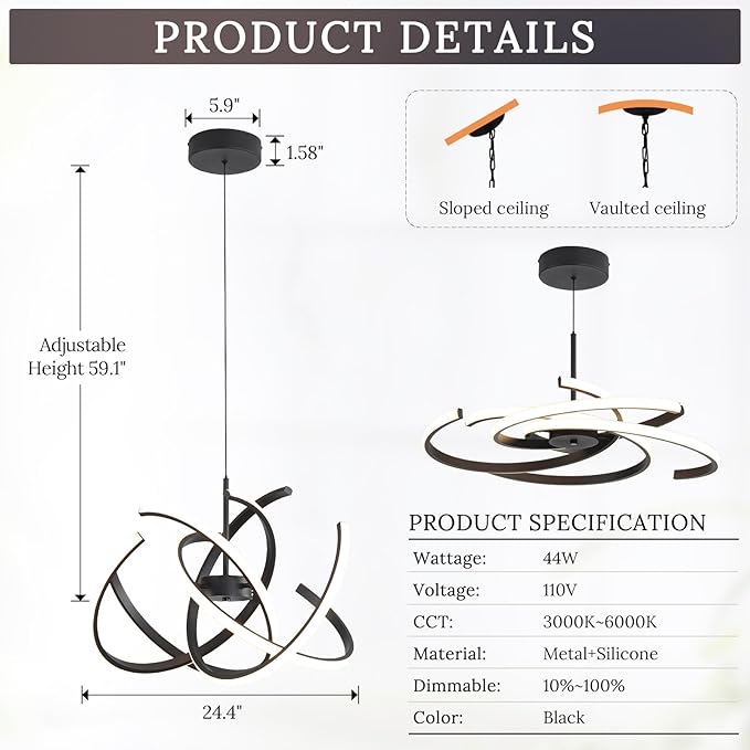 Black Modern Sputnik Chandelier with Remote Control, 44W 3-Color Temperature Dimmable LED Chandelier for Dining Room, Hanging Adjustable Pendant Light for Living Room Kitchen Foyer Entryway