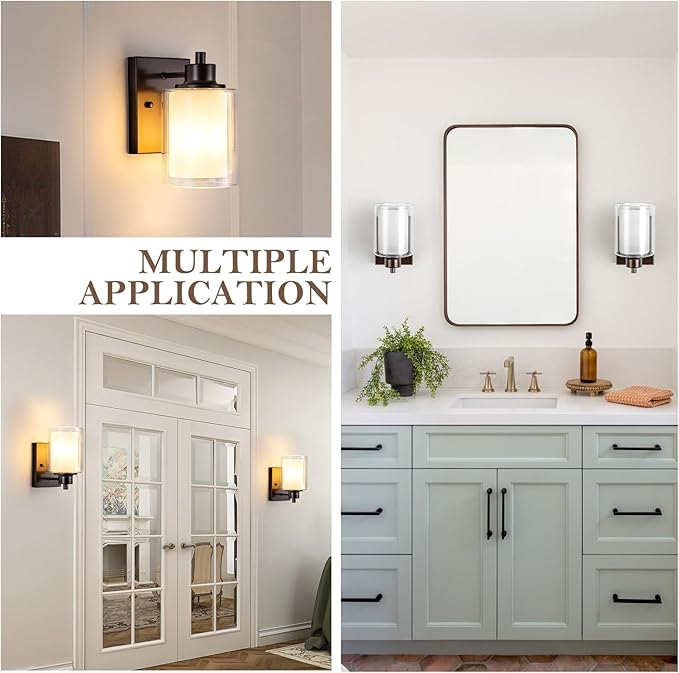 3 Pack Bath Vanity Light Fixtures 1-Light, Indoor Oil Rubbed Bronze Wall Light with Dual Glass Shade, Farmhouse Bathroom Wall Scone, Vintage E26 Bese Wall Mount Lighting