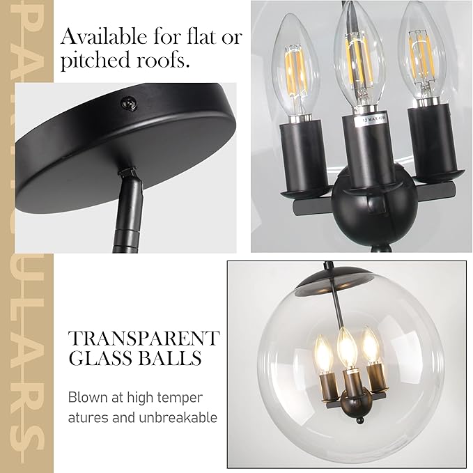 Bagood 14" Globe Pendant Light 3-Light Black Mid Century Pendant Light Clear Glass Lights Kitchen Island Mid Century Adjustable Hanging Farmhouse Globe Fixtures for Living Room Lobby