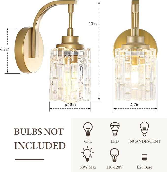 Gold Bathroom Wall Sconce Light,1-Light Vintage Brass Sconces with Clear Glass Shade,Hardwired Wall Mount Lighting for Mirror Bedroom Hallway Kitchen