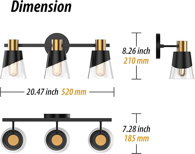URSOLA Bathroom Vanity Light, 3 Lights Bathroom Light Fixtures Over Mirror, 20.47 inch Bathroom Light Fixtures, Black and Gold Design with Bevelled Edge and Clear Glass Shade Wall Lamp