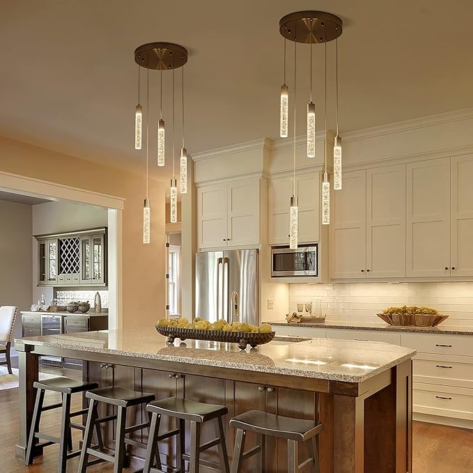 Pendant Lights Kitchen Island,Canopy Switch to dimmable 3000-4000-6000K Colors Pendant Lighting Brushed Nickel. Star Bubble Crystal Island Pendant Lighting
