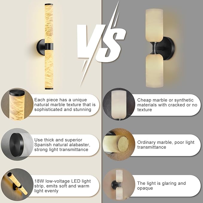 Alabaster Wall Sconces, 24" Black Wall Sconce, Cylinder Natural Spanish Marble Sconces Wall Lighting, Modern Dimmable Wall Lights for Living Room Bedroom Bathroom Hallway Stairs