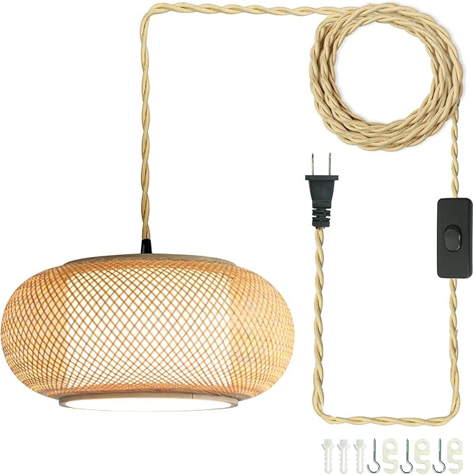 Plug-in Pendant Light,dining room light，Rattan Boho Style Lamp, 16.7ft Plug-in Wire with a Switch. bamboo Japanese Wabi-Sabi Style Lighting, Dining Rooms, Bedrooms, Kitchen island. (50cm plug in)