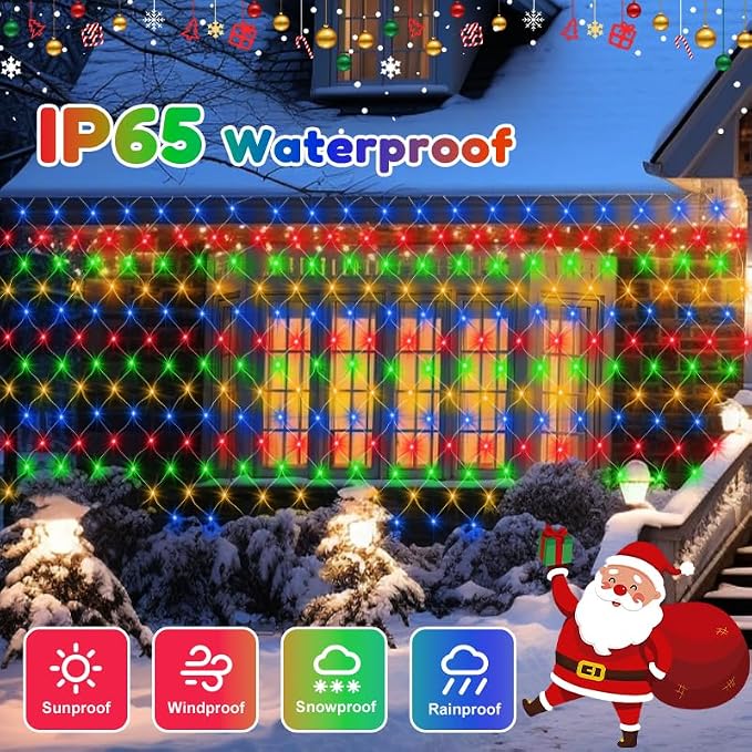 echosari Chritsmas Net Lights Battery Operated, 100 LED 4.9 x 4.9ft Outdoor Net Light Remote Timer Mesh Lights for Bush Deck Fence Wall Holiday Decor (Multicolor)