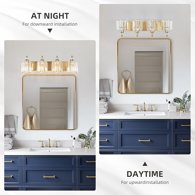 4-Light Brushed Brass Bathroom Light Fixtures Modern Vanity Lights Over Mirror Gold Bathroom Vanity Lighting with Crystal Shade E26 Base Wall Sconce for Bedroom Living Room Restroom Wall Lamp