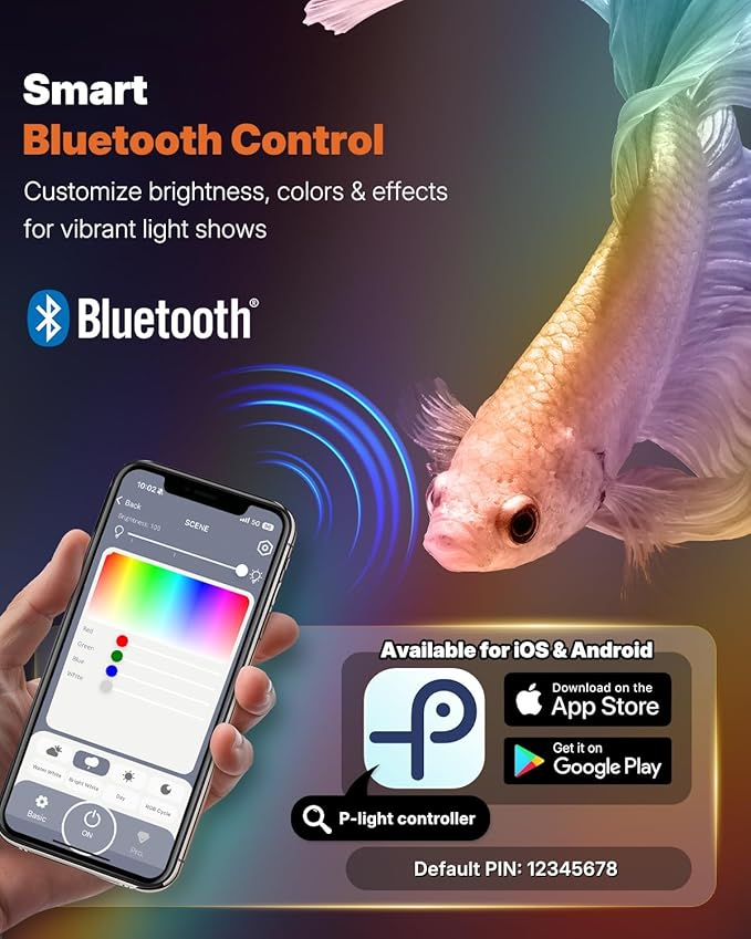 Pawfly Aquarium Light with Bluetooth for Plants, 10W 20 inch Full Spectrum Fish Tank Light for 20-40 inch Fish Tanks, Submersible LED Lights with App Control, Timer Modes & Adjustable Brightness