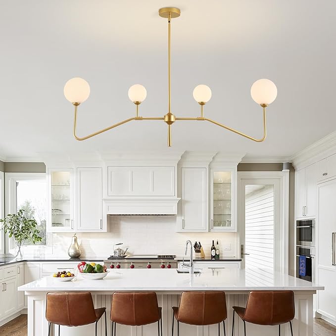 Modern Linear Chandelier for Dining Room,Glass Globe Kitchen Island Light, Mid-Century Sputnik Ceiling Light Fixture with Brushed Gold Finish & Milk Glass Shades, Adjustable Rod Hanging Lighting