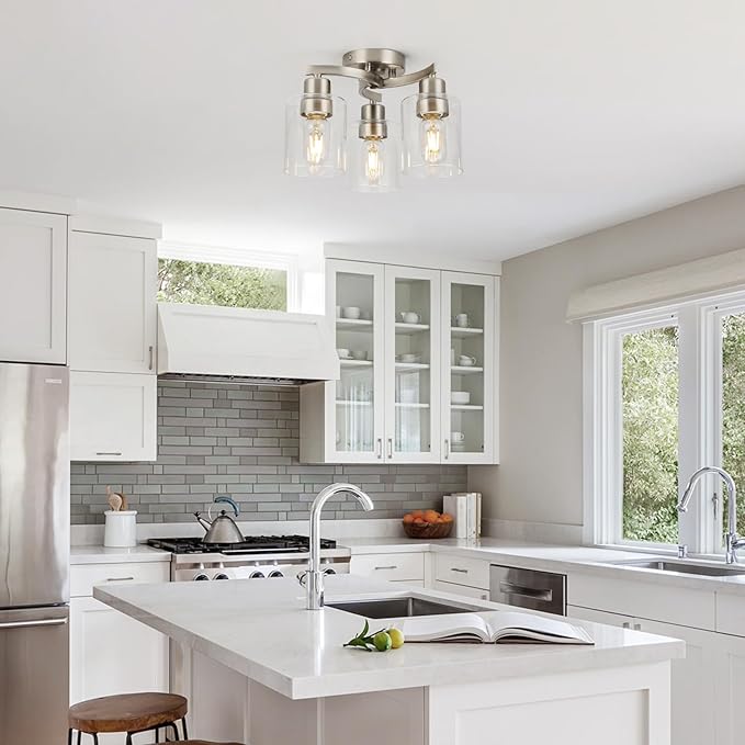 WILON Semi Flush Mount Ceiling Light Fixture, 3-Light Brushed Nickel Light Fixture with Clear Glass Shade, Modern Chandelier Small Ceiling Lamp for Kitchen Hallway Entry Way Bedroom Foyer Dining Room