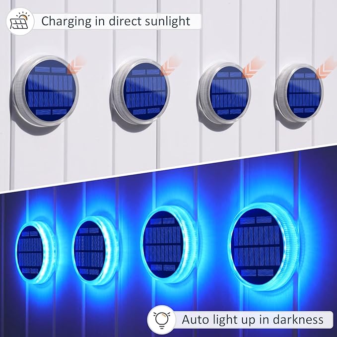 YiLaie Blue Solar Lights for Outside Stick on Boat Dock Deck Step Driveway Strip Lights Outdoor Waterproof Solar Powered Stair Post Ground Pathway Walkway Accessories Auto ON/Off（4 Pack）