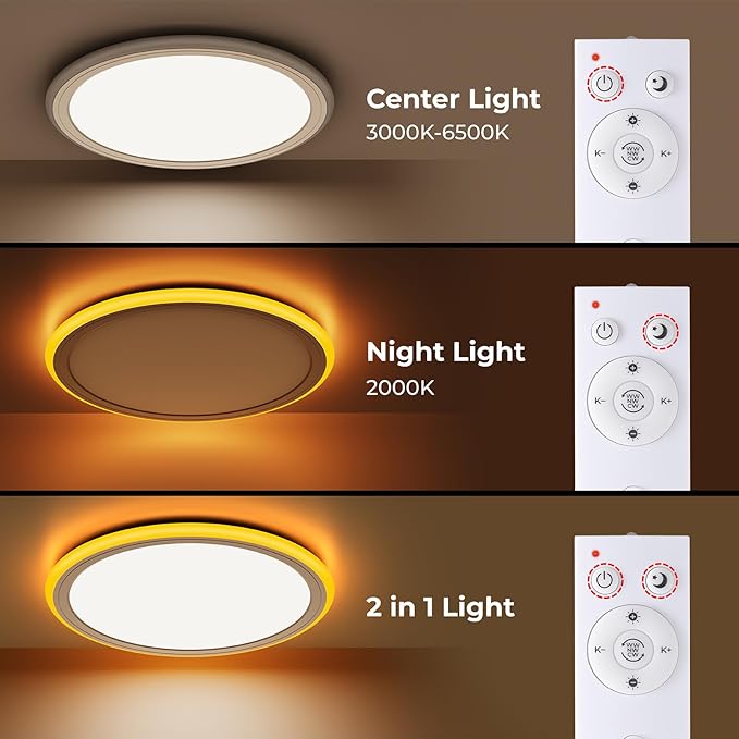 BLNAN 13in LED Flush Mount Ceiling Light Fixture with Remote Control, Dimmable Night Light 2000K, 3000K-6500K 24W Wired Low Profile Light for Bedroom, Kitchen, Living Room, Round White