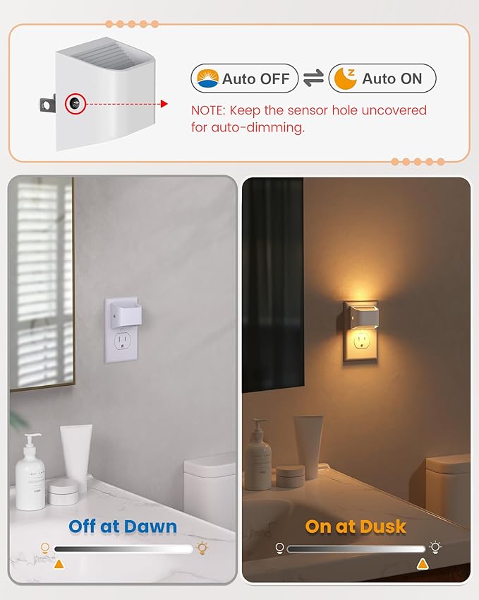 NIORSUN Plug in Night Light, Auto Brightness Sensor Night Light, 3000K Warm White, Ultra-Slim Wall Light for Hallway Bathroom Bedroom Stairs, White, 10 Pack