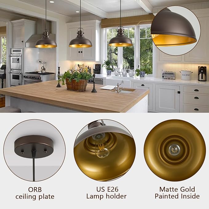 Refice 3 Packs Farmhouse Pendant Lights, Oil Rubbed Bronze Pendant Lighting, lsland Pendant Lights for Kitchen lsland lndustrial Adjustable Height Dome Hanging Lights for Barn, Dining Room