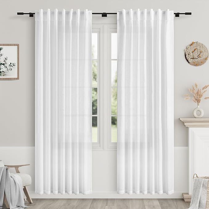 Nanspring White Linen Blend Light Filtering Curtains 82 Inch Length 2 Panel Set Back Tab Rod Pocket Drapes Privacy Semi Sheer Decorative Decor Curtain for Bedroom Living Room 52x82