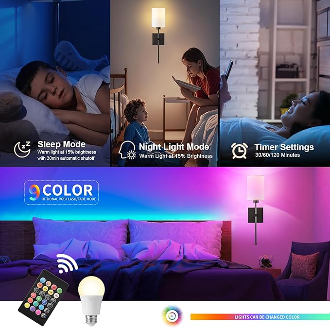 KARTOOSH Battery Operated Wall Sconce Set of Two, Wireless Rechargeable Wall Light with Remote Control, Dimmable, 4 Color Temperatures, RGB, Timer, for Living Room,Bedroom,Entryway, Black, 20.6 Inch