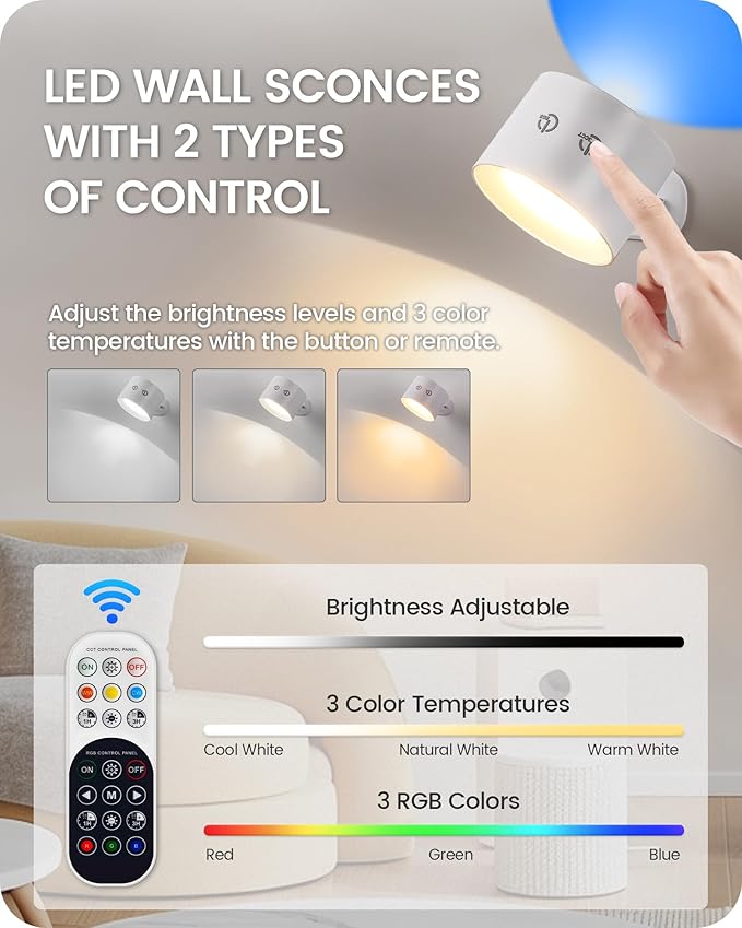 Battery Operated Wall Sconces 4 Pack, Rechargeable Wall Sconce with Remote Control, 3 Color Temp & 3 RGB & Dimmable, Cordless Wall Mount Llight for Hallway, Bedroom, White W02YBP406