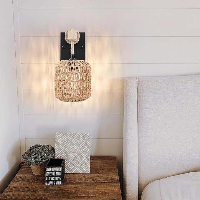 Rattan Boho Wall Sconce, Hardwired Hand-Woven Farmhouse Wall Lamps with Wooden Arm & On/Off Dimmable Switch,Large Rustic Indoor Wall Mount Light Fixtures for Bedroom Nursery Bathroom, 1 Pack