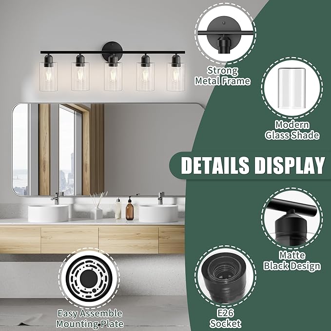 Espird Bathroom Vanity Light Fixtures Matte Black Bathroom Lighting Fixture, 5 Lights Bathroom Light Fixture Over Mirror, Modern Black Vanity Light, Wall Sconces with Glass Shades