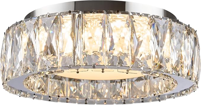 Dimmable Modern Luxury Crystal LED Flush Mount Ceiling Light,11 Inch 24W/5CCT 3000K-6000K Chrome Small Close to Ceiling Lighting Fixtures for Kitchen,Entryway,Laundry Room,Porch,Hallway