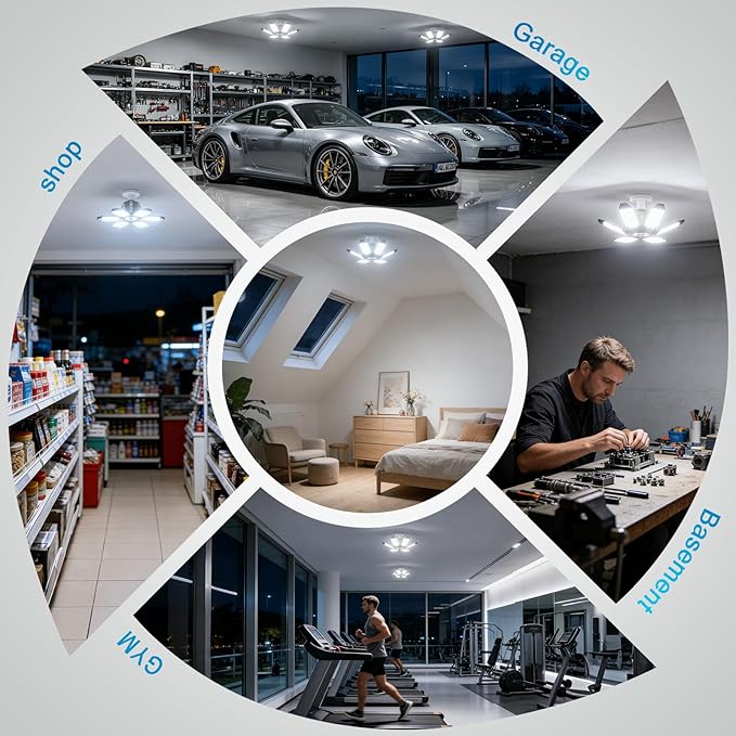 TANBABY 260W Motion Sensor Garage Lights, 30000LM Shop Lights with Remote Control 3 Modes (ON/Off/AUTO), 30/60/120s Timer, E26 Screw-in Deformable 6-Panel 6500K Ceiling Light for Garage Shop Basement