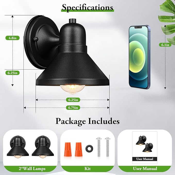 Brightever Outdoor Lanterns, 2-Pack Exterior Light Fixtures, Waterproof Anti-Rust Black Wall Mount Lights, Small E26 Socket Outside Lights for House, Front Porch, Playhouse, Garage