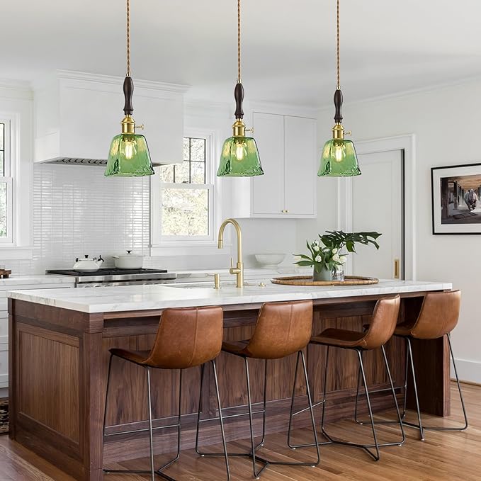 Green Glass Vintage Pendant Light Height Adjustable Handmade Glass Pendant Lights Kitchen Island Gold Hanging Light Fixture with Wood Handle for Bedroom Dining Room Hotel (3 Pack)