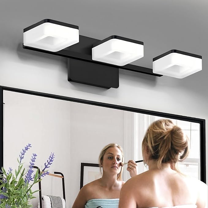 Black LED Bathroom Vanity Light, Modern Wall Lighting Fixtures, 3-Light Bathroom Lighting Fixtures Over Mirror, 360° Rotate Acrylic Matte Black Vanity Lights for Bathrooms