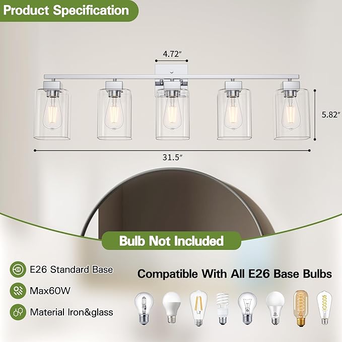 Espird 5 Light Bathroom Vanity Light - Chrome Bathroom Light Fixtures Square Design & UL Certification, 31 Inch Bath Room Light Fixtures Over Mirror for Living Room & Bedroom & Restroom
