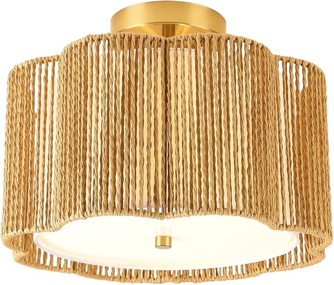 WILON Boho Light Fixture Ceiling Mount, 3-Light Rattan Light Fixture with Fabric Shade, Modern Woven Flower Semi Flush Mount Ceiling Light Fixture for Hallway Entryway Bedroom Nursery Kitchen
