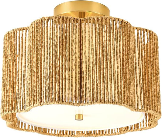 WILON Boho Light Fixture Ceiling Mount, 3-Light Rattan Light Fixture with Fabric Shade, Modern Woven Flower Semi Flush Mount Ceiling Light Fixture for Hallway Entryway Bedroom Nursery Kitchen