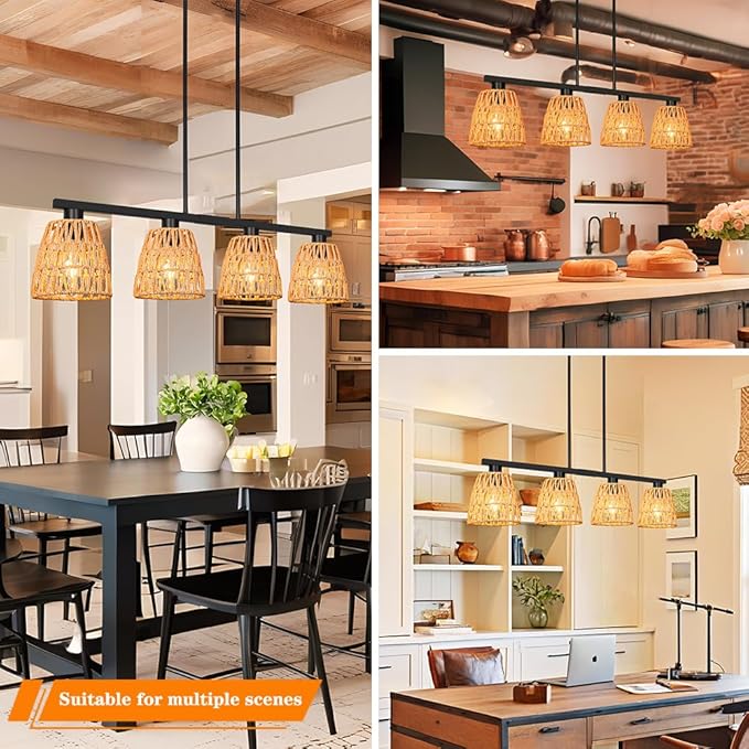 Black 4-Light Kitchen Island Lighting, Boho Rattan Dining Room Light Fixture, Farmhouse Island Light for Kitchen with Shade, Adjustable Linear Chandelier Pendant Lights Kitchen Island Over Bars, Table