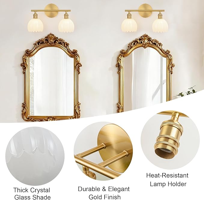 Gold Bathroom Light Fixtures Over Mirror, 2 Light Bathroom Vanity Light Fixture with Tulip Milk White Glass Lampshade, Vintage Vanity Lights for Bathroom, Bathroom Vanity Lights Over Mirror