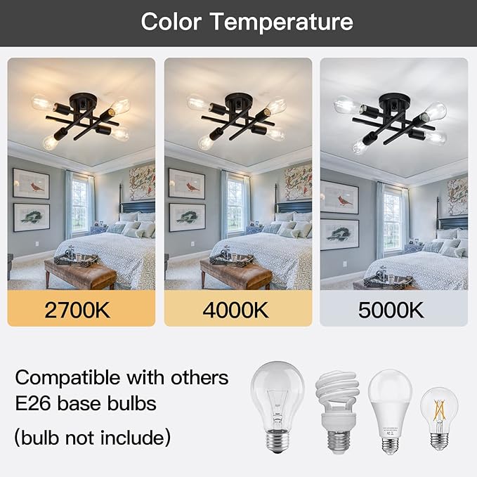 ZGLAOJT 4-Light Semi Flush Mount Ceiling Light Fixture 2 Pack Ceiling Light Matte Black with E26 Base Modern Light for Porch Bedroom Hallway Kitchen Farmhouse