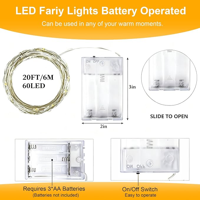 6 Pack LED Fairy Lights Battery Operated 20FT 60 LEDs Silver Wire String Lights Twinkle Lights Starry Fairy Lights for Bedroom Christmas Wedding Party Indoor Outdoor Decor, Warm White + Cool White