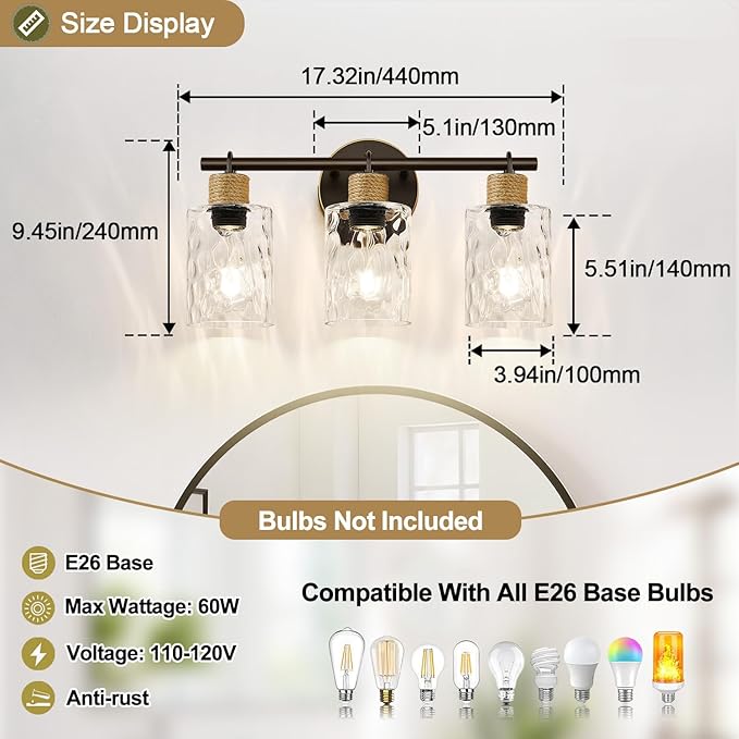MOKATNG Bathroom Light Fixtures, 3-Light Coastal Vanity Lights with Crystal Glass Shade, Oil-Rubbed Bronze Bathroom Wall Lamp for Mirror Kitchen Hallway Cabinet