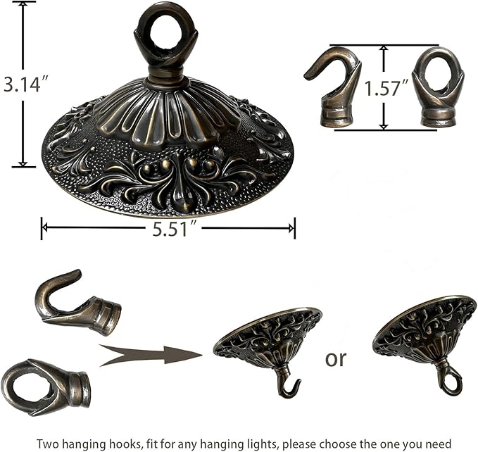 5.51" All Copper Ceiling Cover Plate, Heavy Duty Retro Black & Gold Solid Brass Carved Chandelier Ceiling Canopy Base, Light Canopy Kit, Chandelier Parts with Dual Ceiling Hooks for Light(Open/Closed)