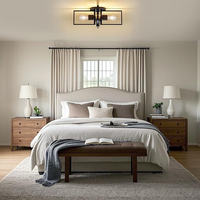 Industrial Ceiling Light Black 4 Light Semi Flush Mount Lights Wood Sputnik Light Fixture 24" Farmhouse Ceiling Light for Kitchen Bedroom Bathroom Foyer Hallway(E26