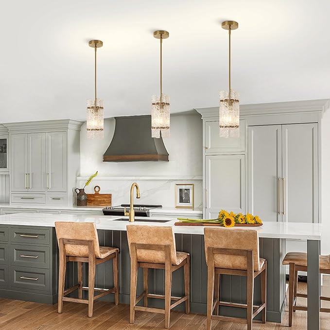 KELUOLY Modern Gold Crystal Pendant Light for Kitchen Island, Luxury Mini Water Ripple Glass Chandelier Lights Fixture, E26 Square Adjustable Hanging Pendant Lighting for Dining Room Bedroom (1-Pack)
