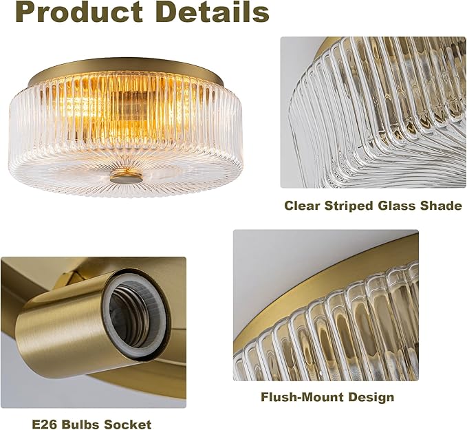 13.9 Inch Gold Flush Mount Ceiling Light,Mid-Century Modern 3 Light Ceiling Light Fixture with Clear Striped Glass Shades,for Bedroom,Kitchen,Hallway,Entryway